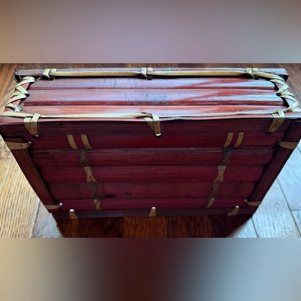 Red Tortoise Shell Bamboo Storage Box Vintage Home Decor Handmade Hand Crate